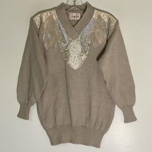 Vintage Jaclyn Smith Sweater Womens Small Beige V Neck Beaded Floral Embroidered